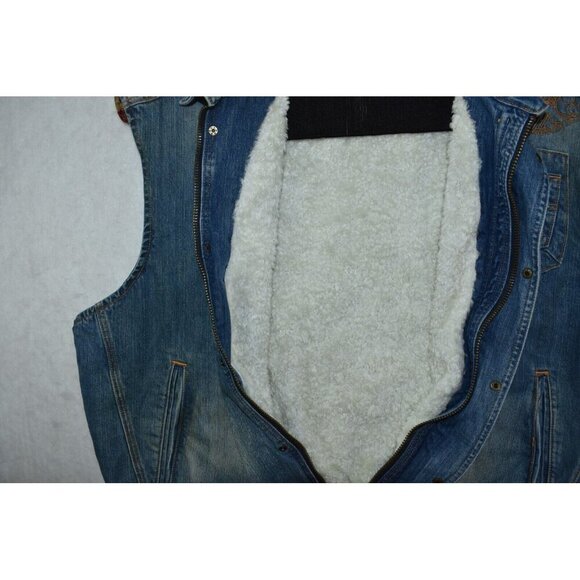 Indigo Red Denim Men's Vest Size 3XL Blue Sherpa Lined Embroidered Cotton Peace - Picture 9 of 16
